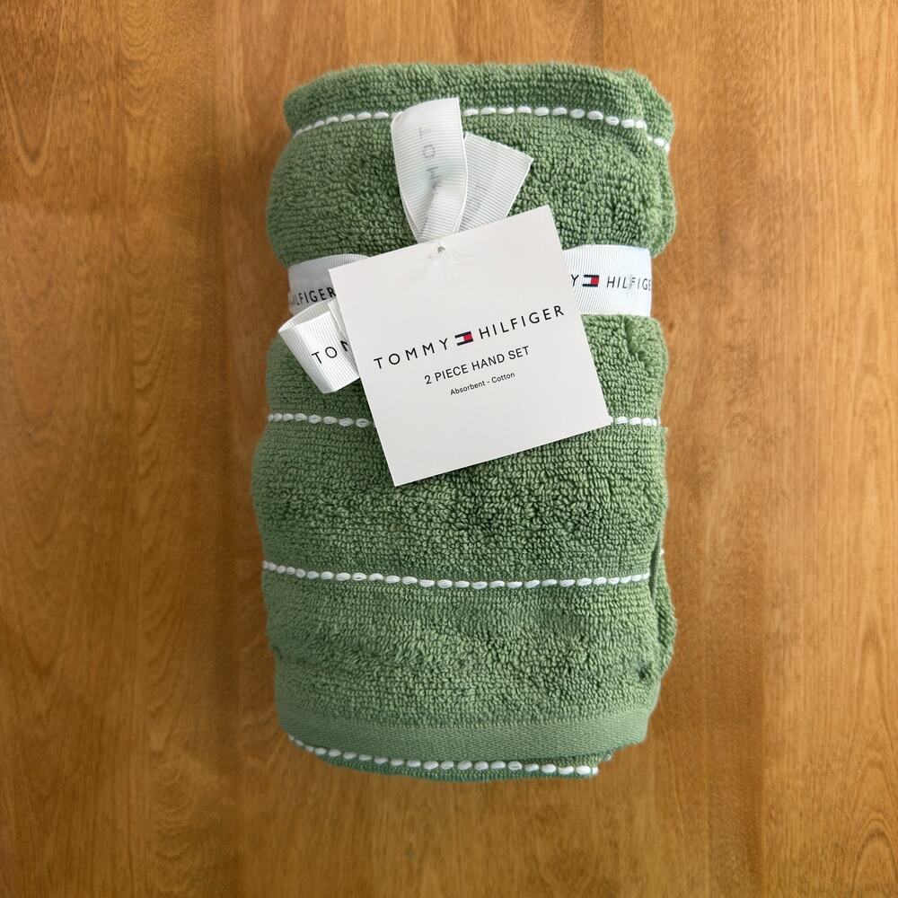 Tommy Hilfiger Hand Towels Set 2 Park Stripe Green Stitch 100% Cotton 16x30 NWT